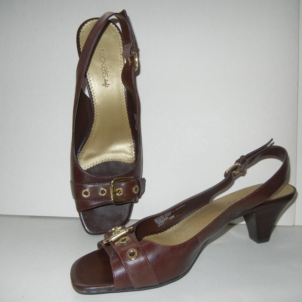 Nickels 10M Brown Leather Slingback Open Toe Gold Buckle Sandal Heel Pump Shoes
